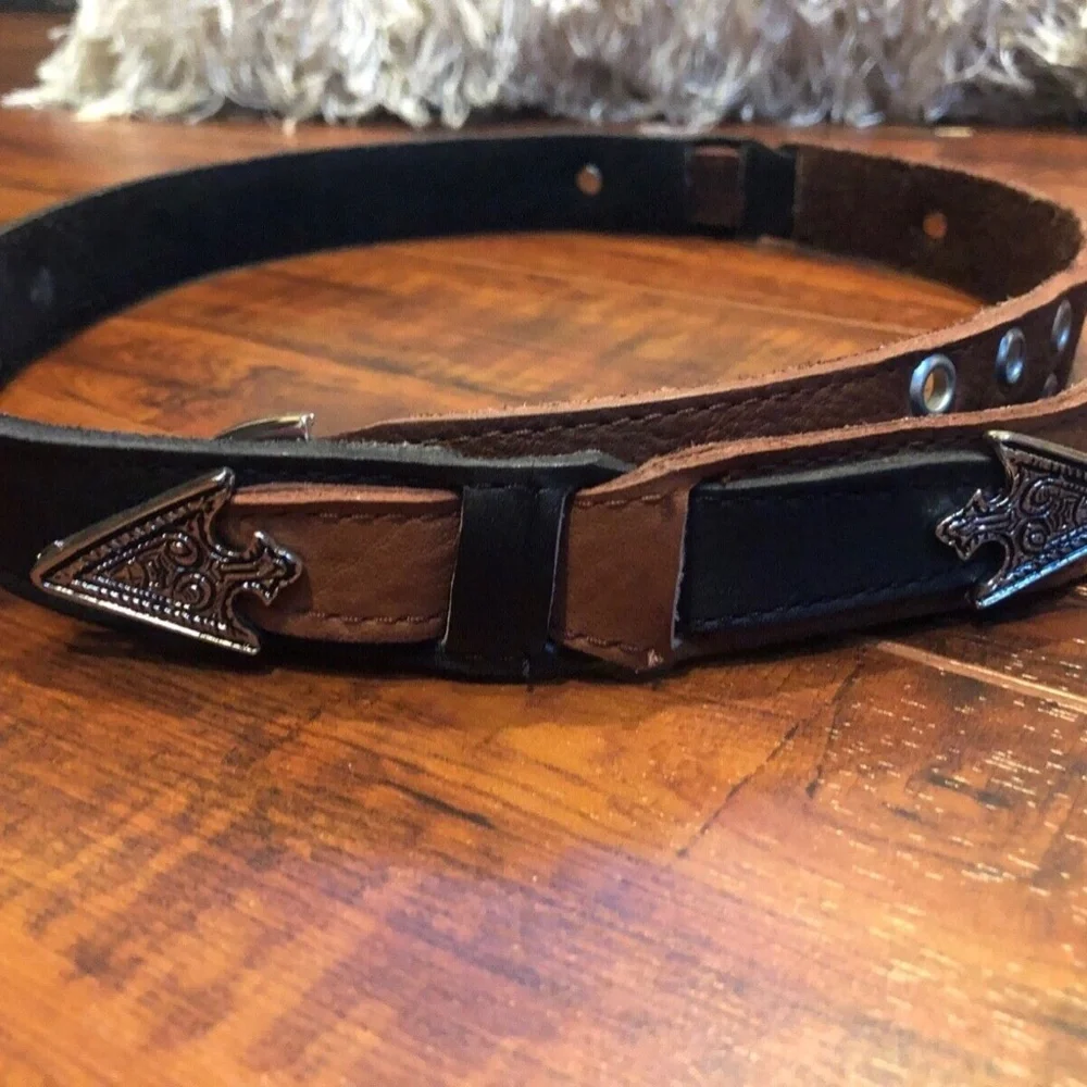 Vintage Black Brown Size M 32 Leather Southwestern Silvertone Hardware B…
